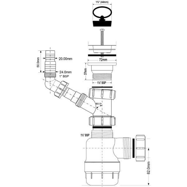 Сифон для раковины 11/2"х40 с отводом для СМА McAlpine MRSK3