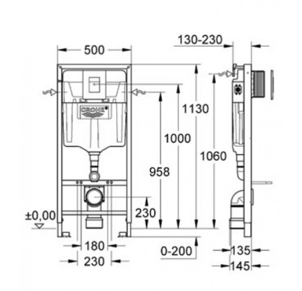 Инсталляция для унитаза Grohe Rapid SL 38772001 3 в 1 с квадратной кнопкой Skate Cosmopolitan Хром