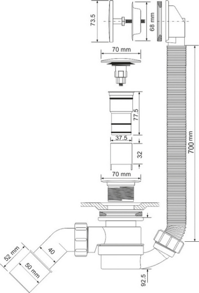 Сифон для ванны АВТОМАТ с прочисткой, пластик McAlpine MRB12