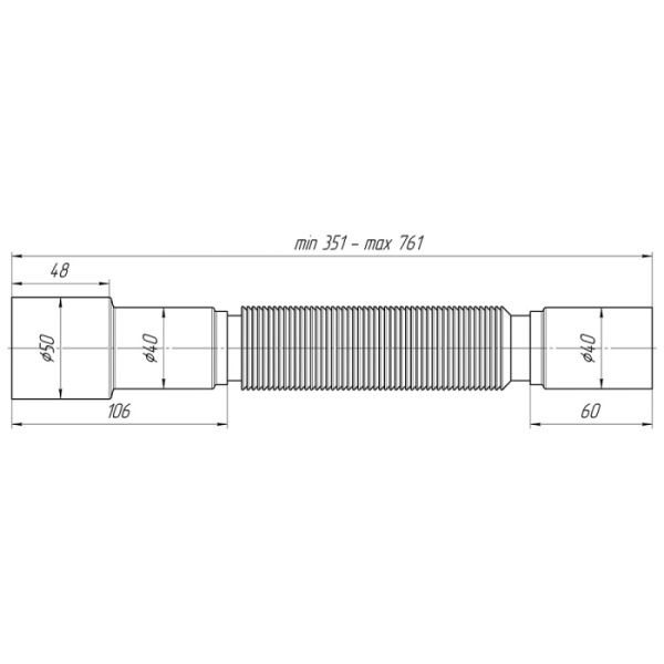 Гофра для сифона 40х40/50 L=351-761 мм без гайки АНИ пласт К406
